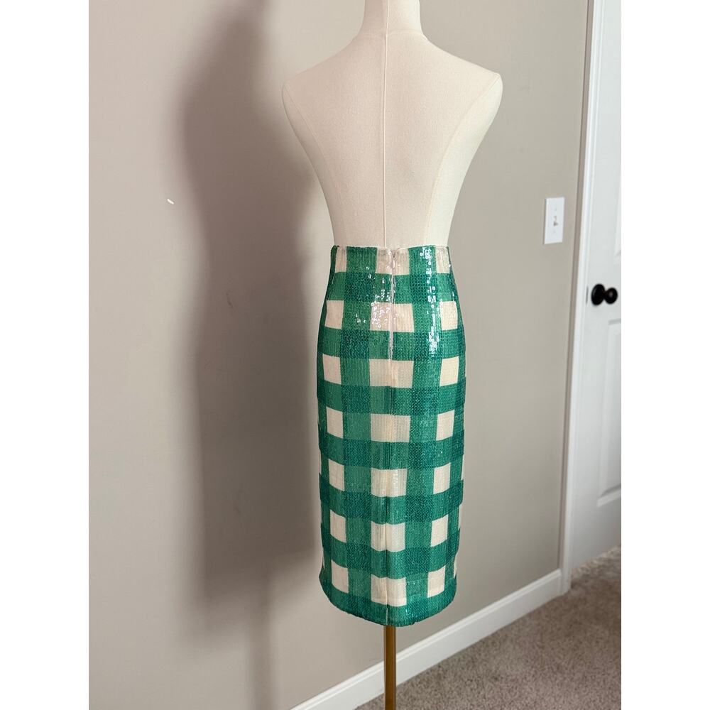 Brooks Brothers Green Gingham Sequin Pencil Skirt Size 8 Midi Party - Picture 2 of 7